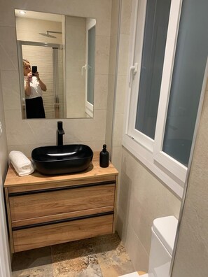 Hair dryer, towels, soap, toilet paper