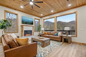 TV, fireplace - New! 6BR Luxe Pool Cabin*Hot Tub*Games*Fireplace (Sevierville)