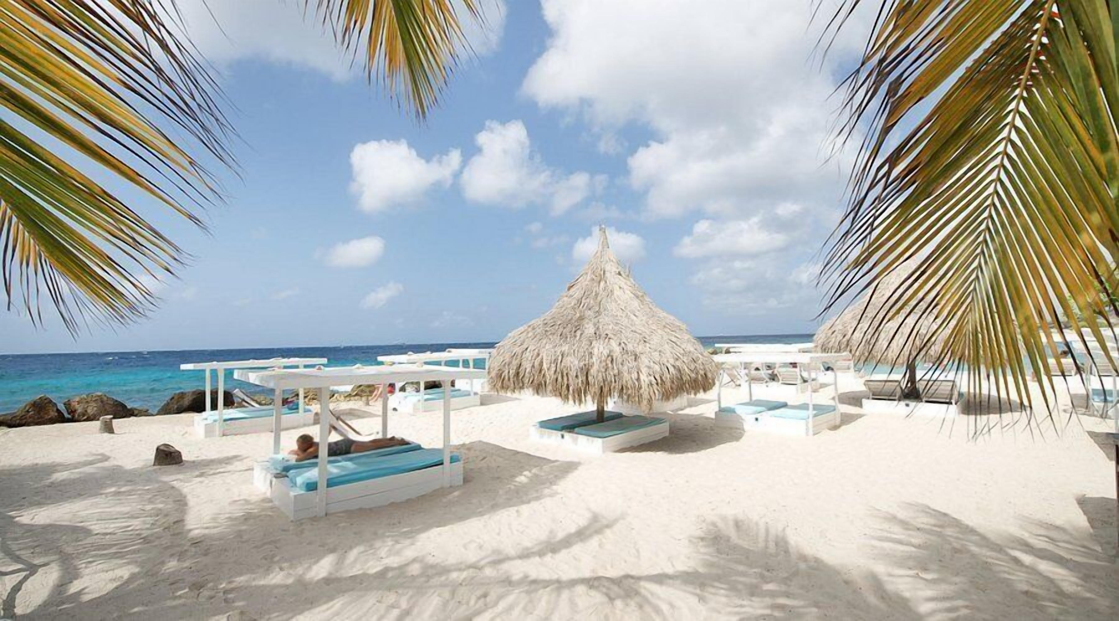 Ein Strand mit Reetdachschirmen, Liegestühlen und einem Poolbereich.
