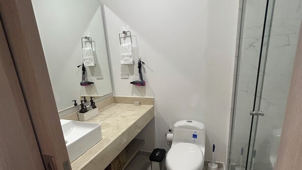 A modern bathroom with a white toilet, a sink, a mirror, and a glass shower enclosure. - Building DELVENTTO - Pozos Colorados - Studio apartment - Santa Marta (Santa Marta)