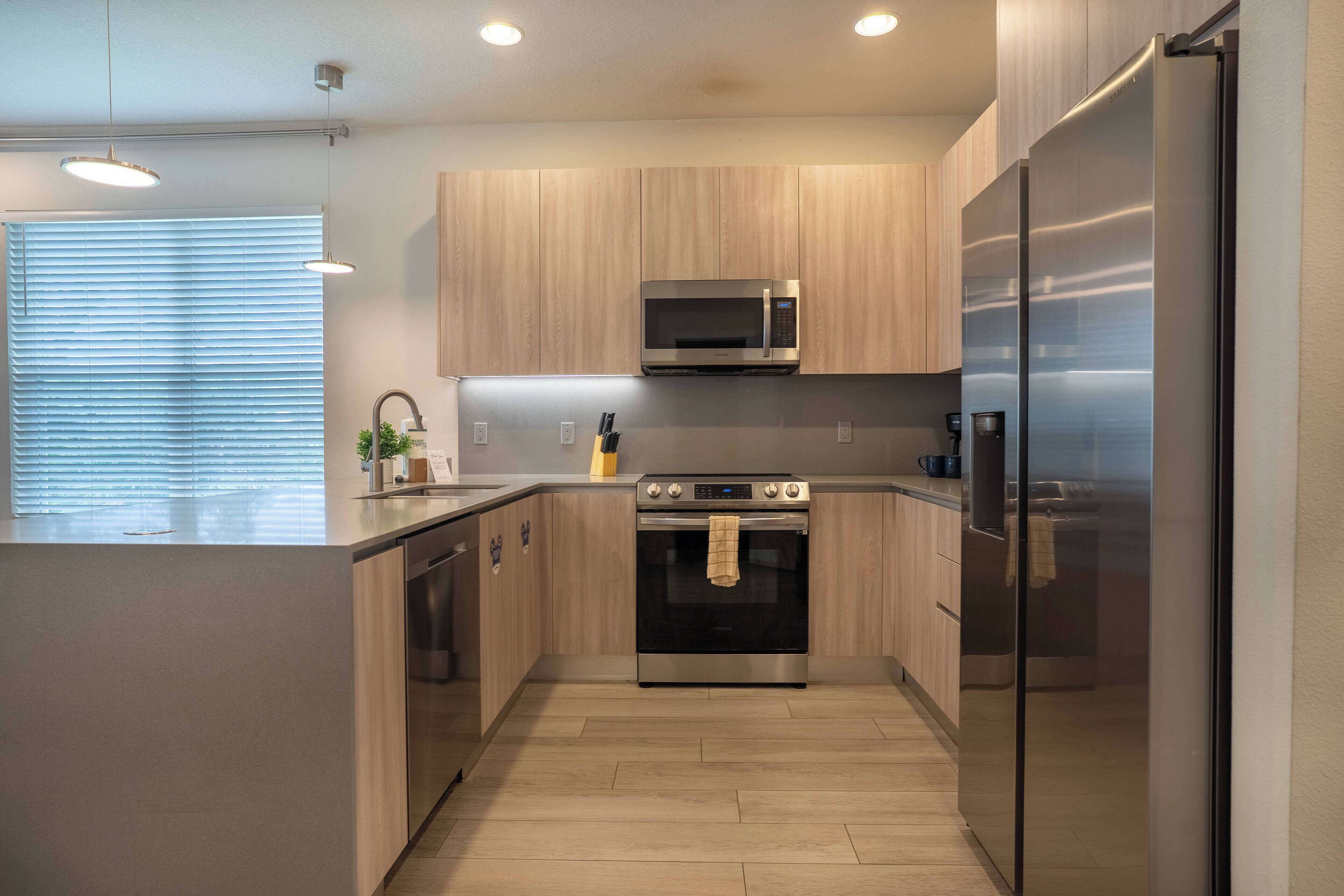 Fridge, microwave, oven, dishwasher