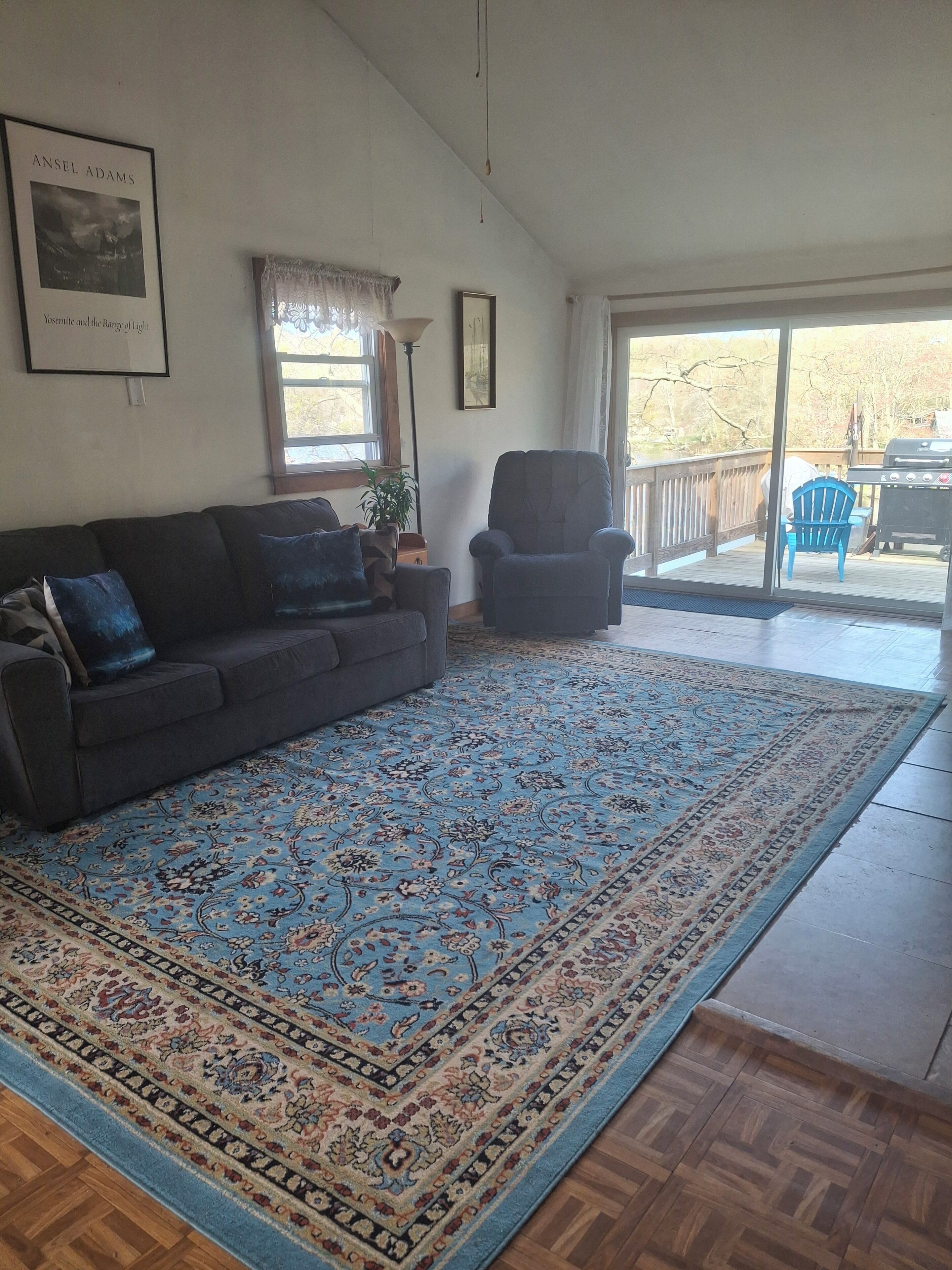 A living room with a large blue patterned rug, a dark gray sofa, and a blue armchair. There is a framed picture on the wall and a window with sheer curtains.