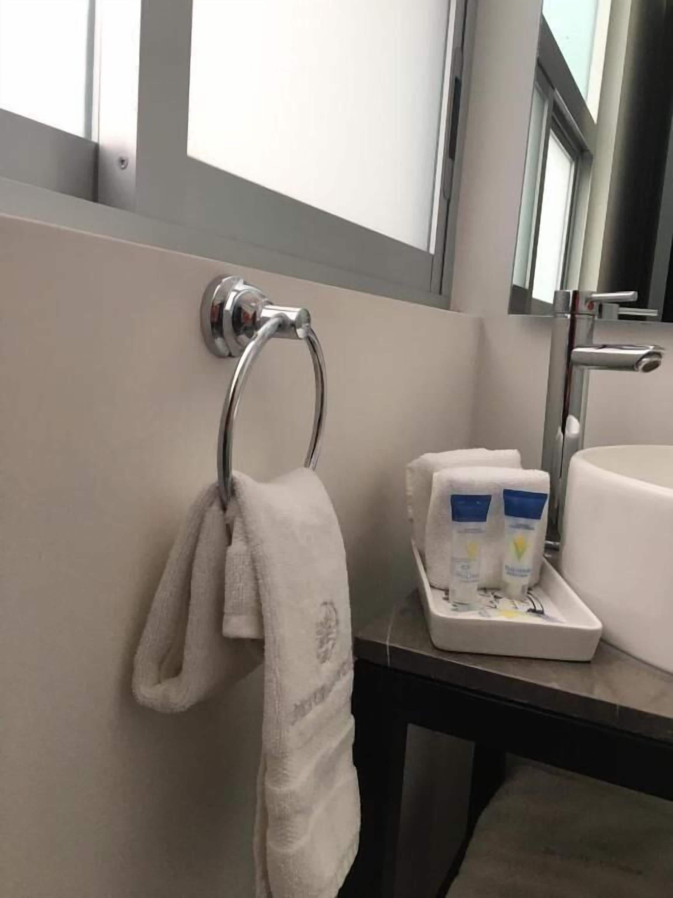 Un baño con un perchero, un lavabo y una bandeja con artículos de aseo.