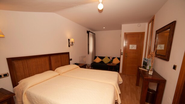 Een hotelkamer met twee bedden, een nachtkastje, een spiegel en een kleine tafel met een vaas.