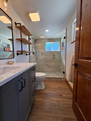 Hair dryer, towels, soap, toilet paper