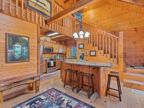 Fridge, microwave, oven, stovetop - Robin’s Nest-Peaceful Cabin w/Views+Great Location (Maggie Valley)