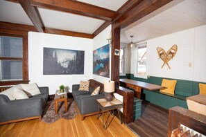 Smart TV, fireplace, foosball