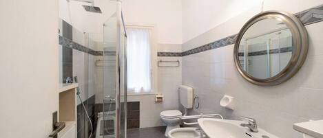 A modern bathroom with a glass-enclosed shower, a toilet, bidet, and a sink with a mirror.
