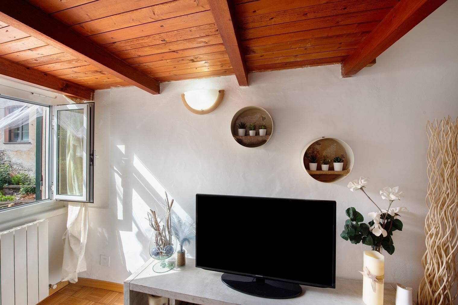 A room with a wooden ceiling, a large flat-screen TV on a white table, and three wall-mounted shelves with potted plants.
