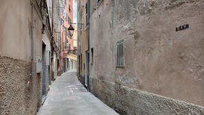 Ein schmaler Gang, gesäumt von Gebäuden, mit einem gepflasterten Weg und sichtbaren architektonischen Details wie Fenstern und Türen.