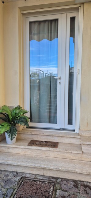 Une porte blanche avec un panneau de verre, une plante en pot et un paillasson sur une marche en pierre.