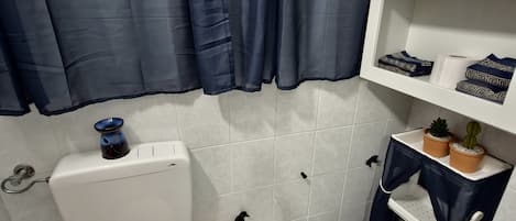 Hair dryer, towels, soap, toilet paper
