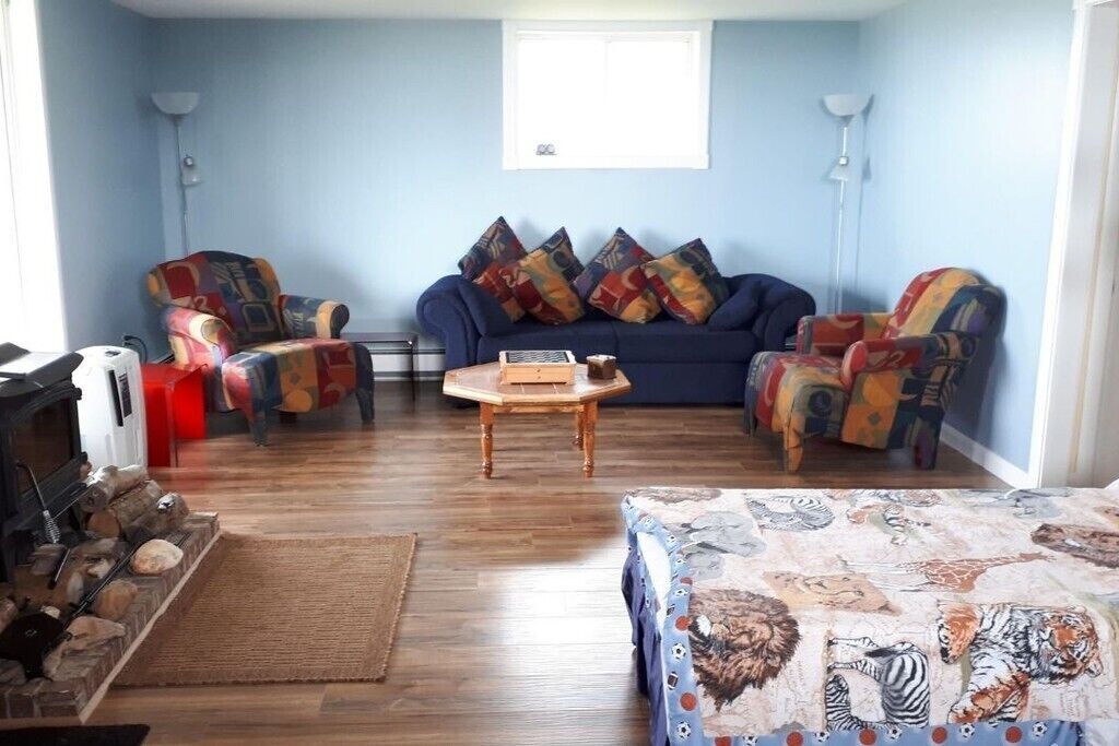 A living room with a blue sofa, colorful armchairs, a wooden coffee table, and a patterned rug.