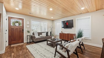 Smart TV, chimenea y libros