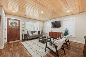 Smart TV, fireplace, books