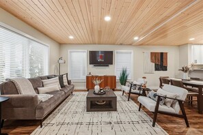 Smart TV, fireplace, books