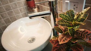Een wastafel met een moderne kraan en een potplant met gespikeld blad.
