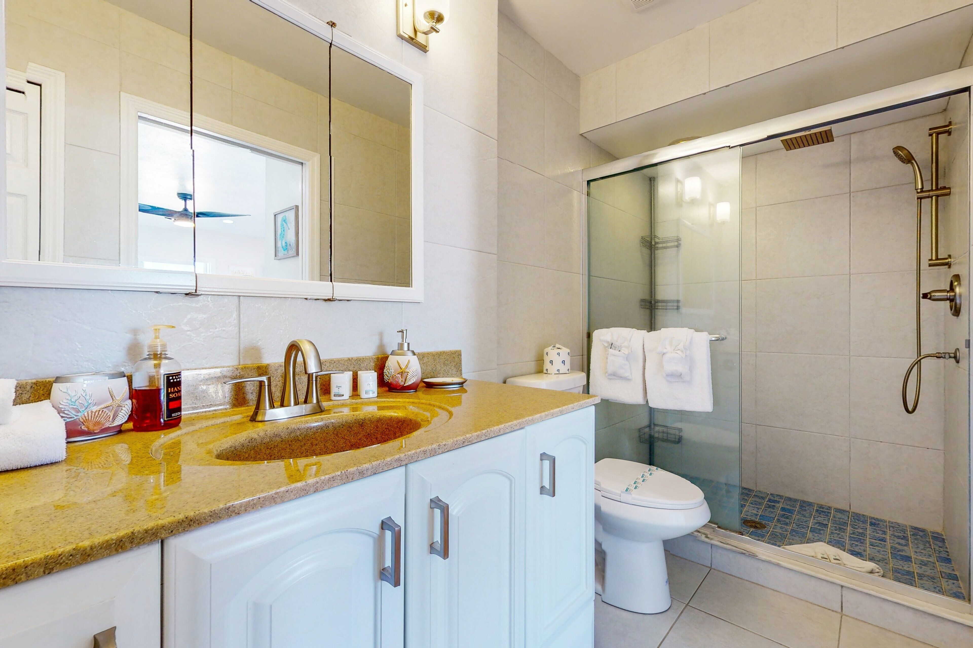 Ein modernes Badezimmer mit einer Granit-Arbeitsplatte, einer weißen Toilette, einer Glasdusche und einem großen Spiegel.
