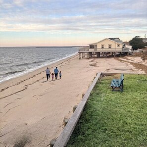On the beach, sun loungers, beach towels