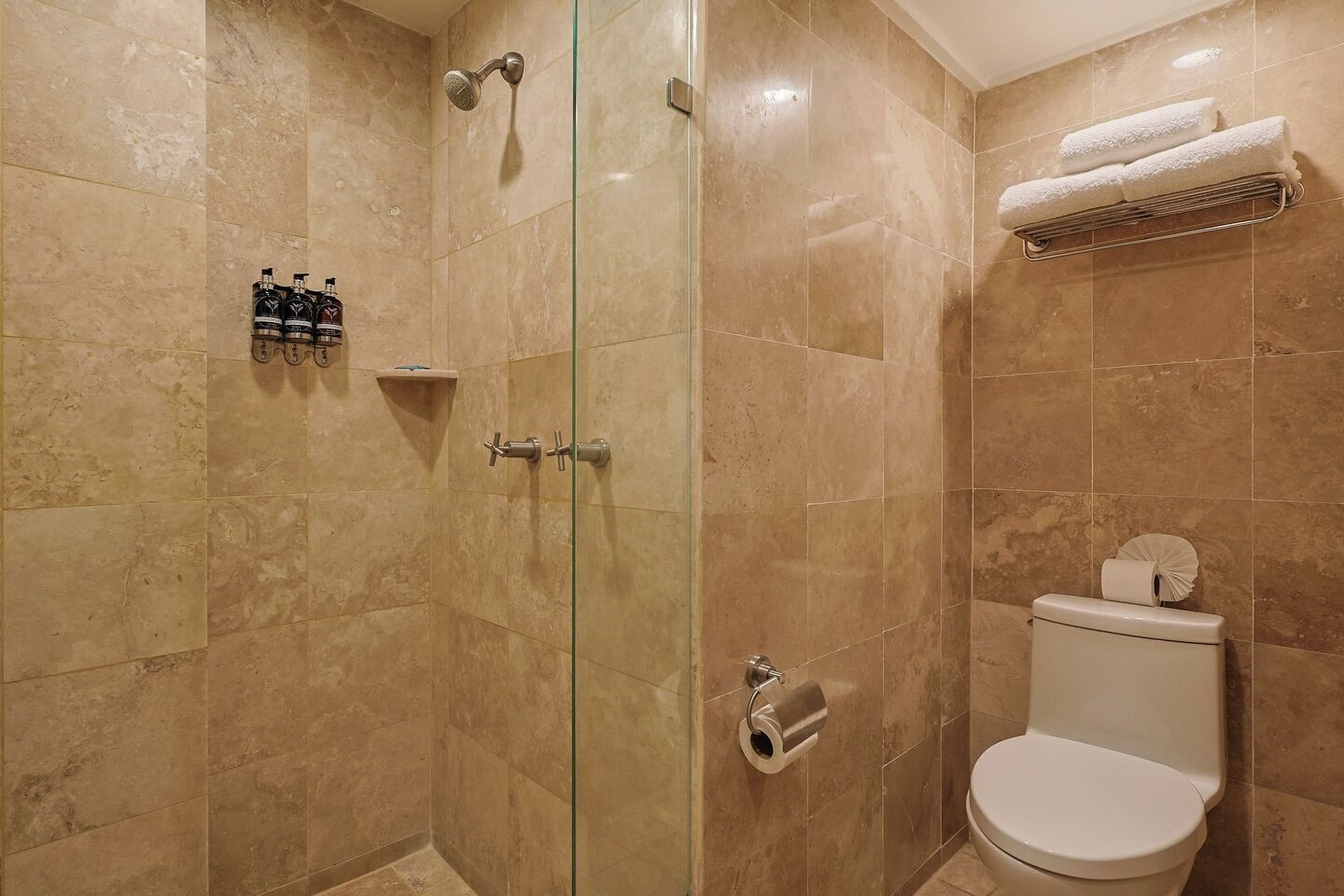 Ein Badezimmer mit einer Duschkabine, einer Toilette und einem Handtuchhalter.