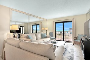Condo, Multiple Beds, Balcony, Ocean View (NSB Hacienda Del Sol #407 - Seaside) | Living area - NSB Hacienda Del Sol #407 - Seaside Hideaway (New Smyrna Beach)