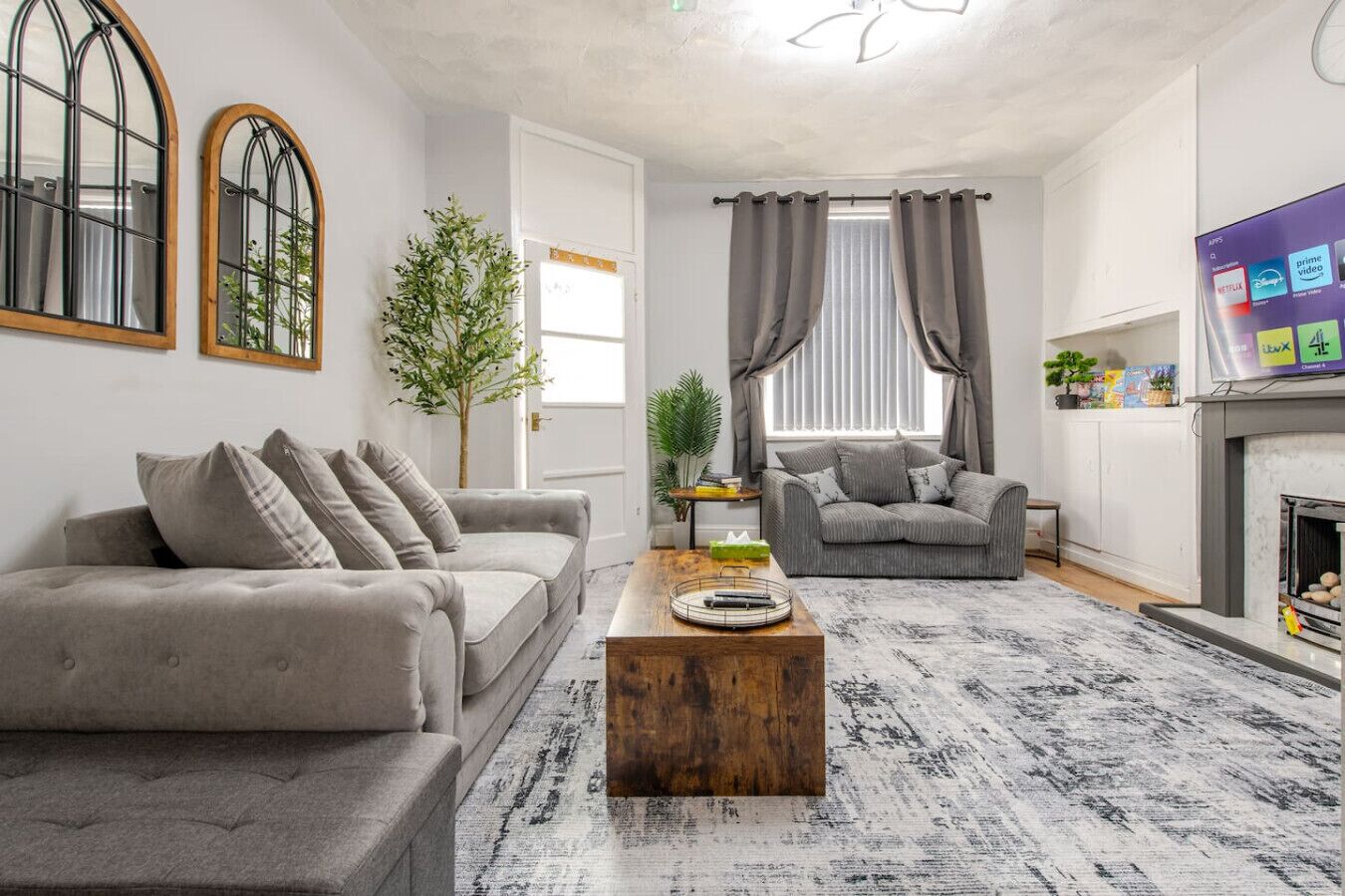 TV, fireplace, books