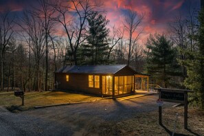 A cabin with a metal roof, large windows, and a porch area. - Tiny Home Escape: Hot Tub, Private Deck & Outdoor TV (Jamestown)