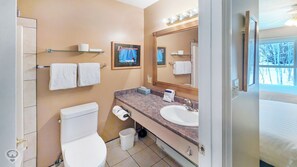 A bathroom with a toilet, sink, and mirror. There are towels on the wall and a picture frame. - Purcell Condo – Mountain Escape Near Skiing (Kimberley)