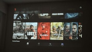 Un écran mural présentant une sélection de vignettes de séries télévisées, notamment « Lost », « The Pacific » et « Knightfall ».