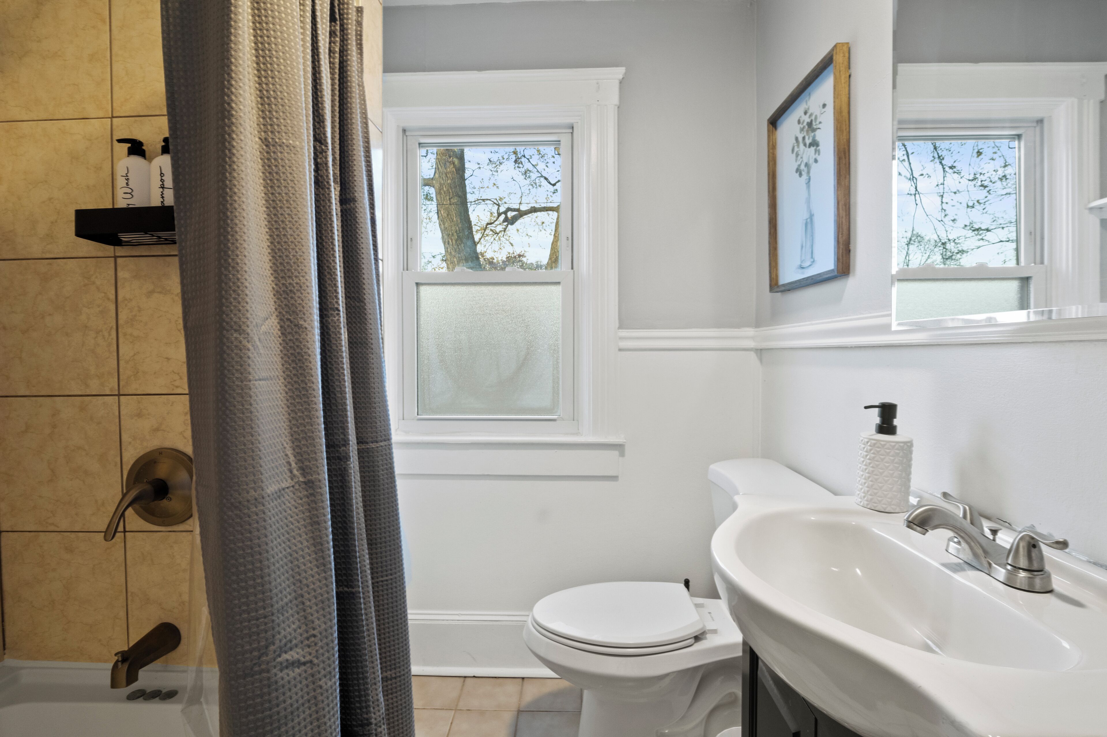 Hair dryer, towels, soap, toilet paper