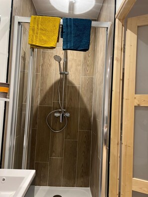 Chuveiro, toalhas de banho, papel higiênico 