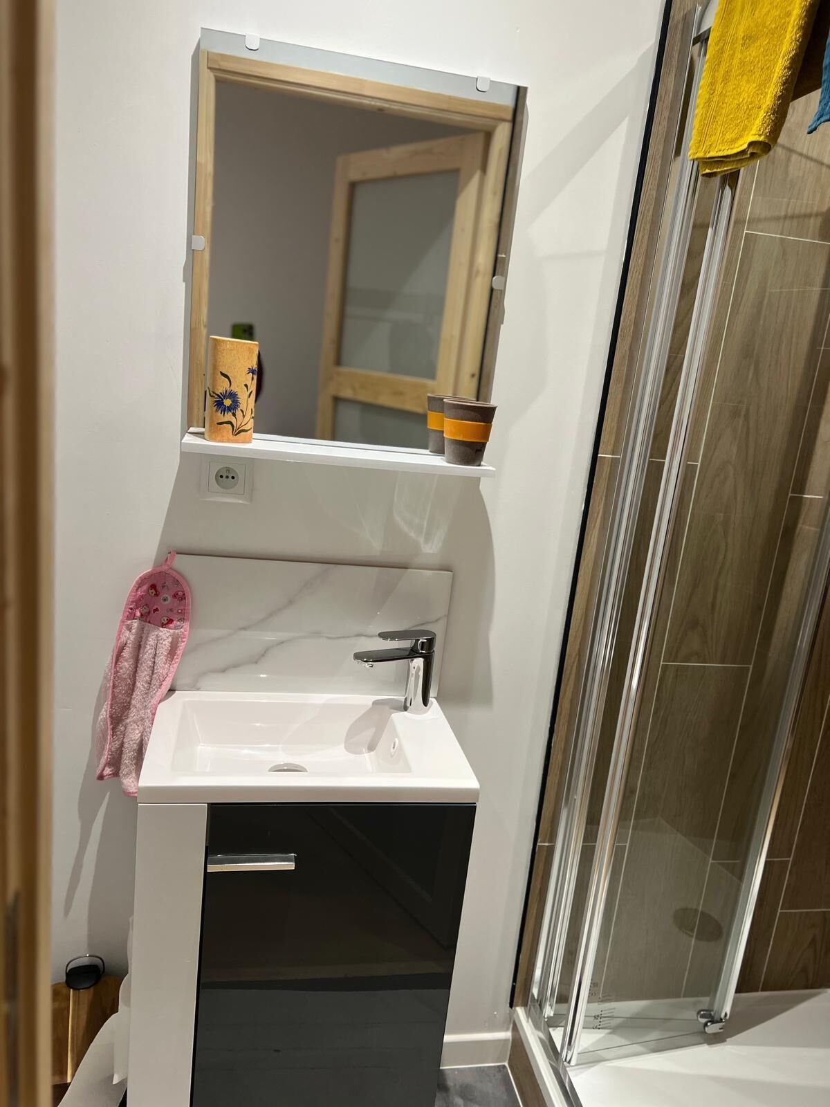 Shower, towels, toilet paper