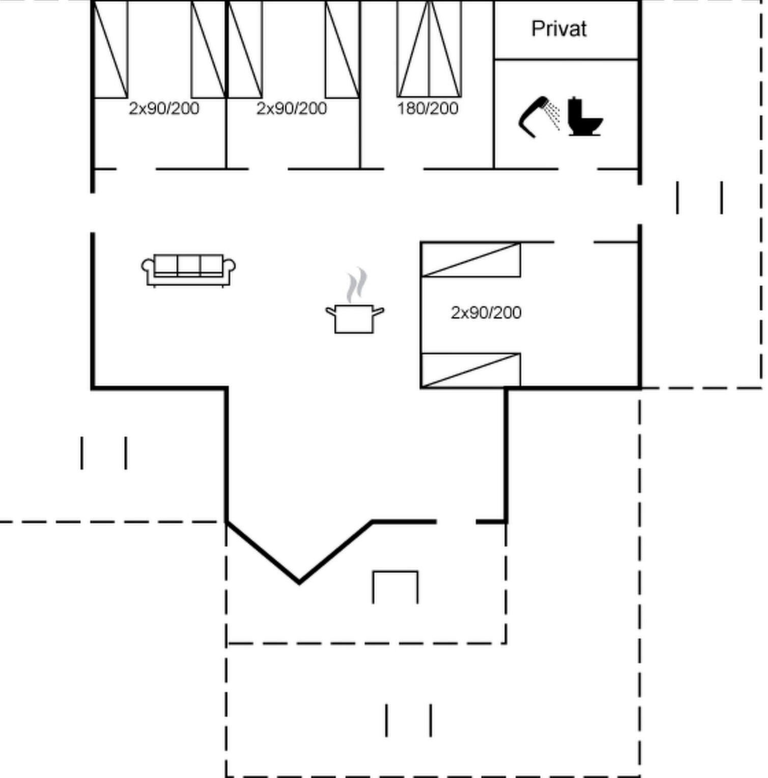 A hotel floor plan with private rooms, a kitchenette, and a bathroom.