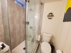 Douche, séchoir à cheveux, bidet, serviettes fournies