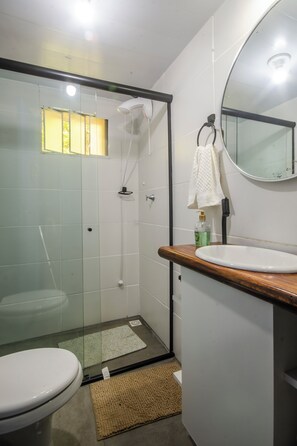 A bathroom with a glass-enclosed shower, a white toilet, a wooden vanity with a sink, and a mirror.