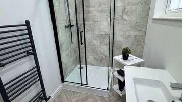 Shower, towels, toilet paper