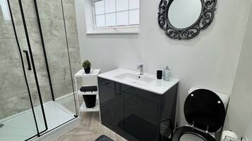 Shower, towels, toilet paper