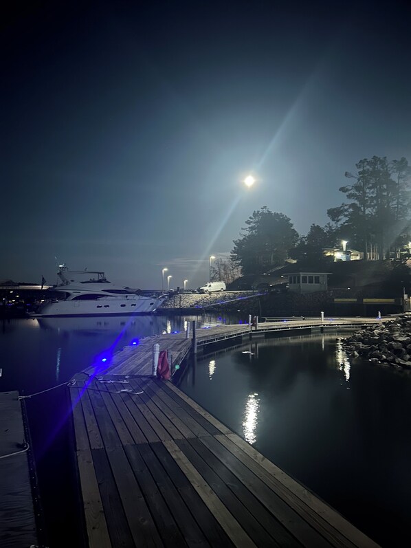 A nighttime marina with a dock, calm water, and a boat.