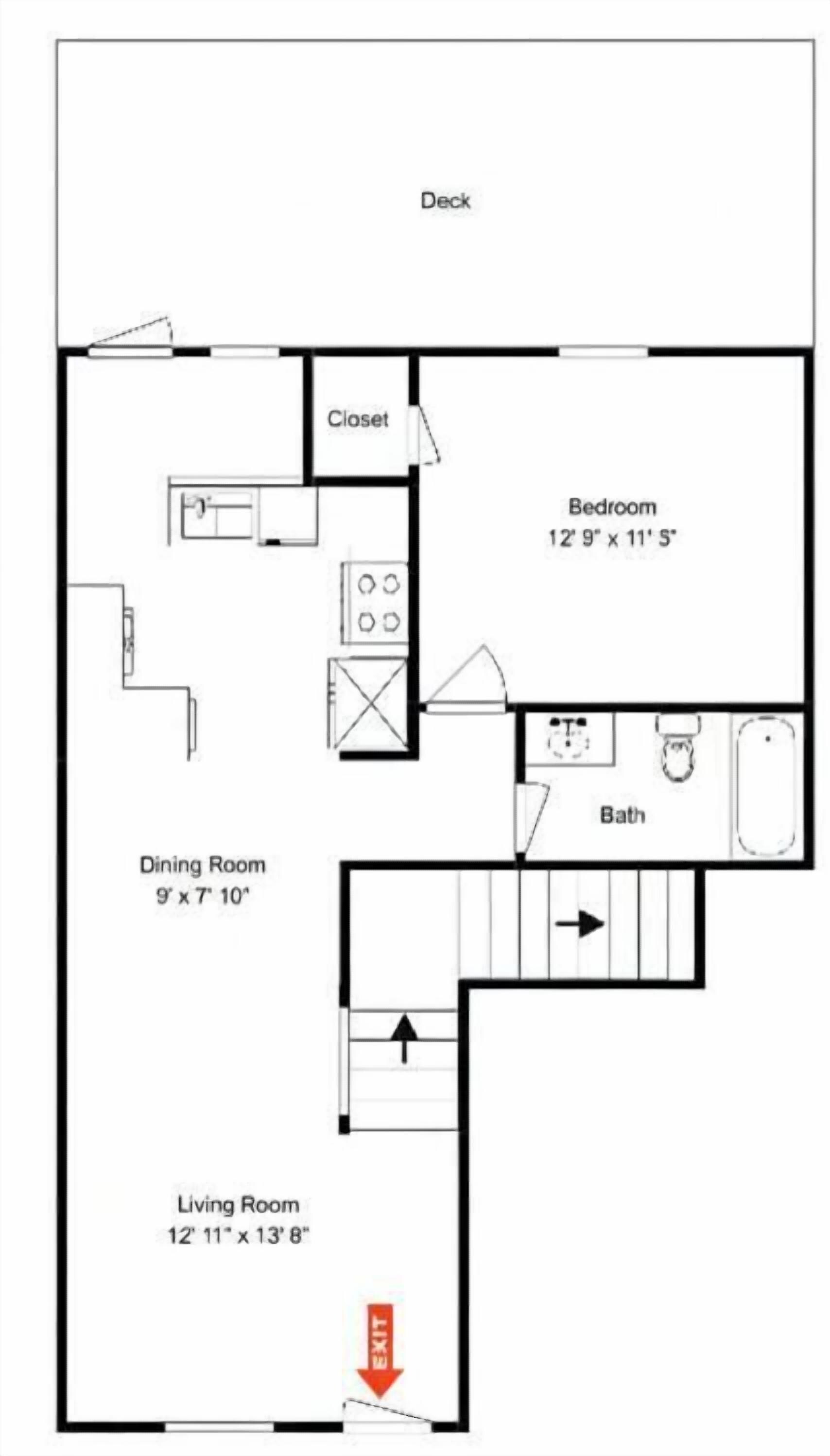 A floor plan of a hotel room with a deck, closet, dining room, living room, bedroom, and bathroom.