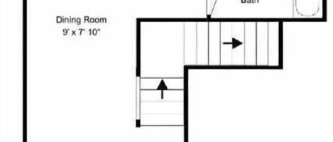 A floor plan of a hotel room with a deck, closet, dining room, living room, bedroom, and bathroom.