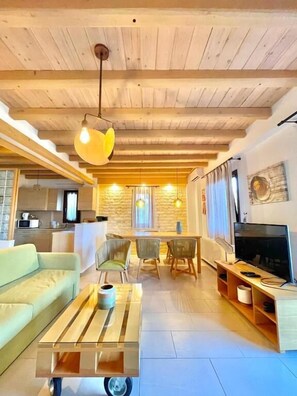 Comfort Villa, 3 Bedrooms, Courtyard View | Living area | Flat-screen TV, DVD player - Koumaros Villas (Kassandra)