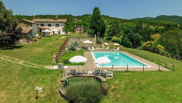 A pool area with lounge chairs and umbrellas, surrounded by a stone wall and lush greenery. - Apt renovated in farmohouse with panoramic pool (Città di Castello)
