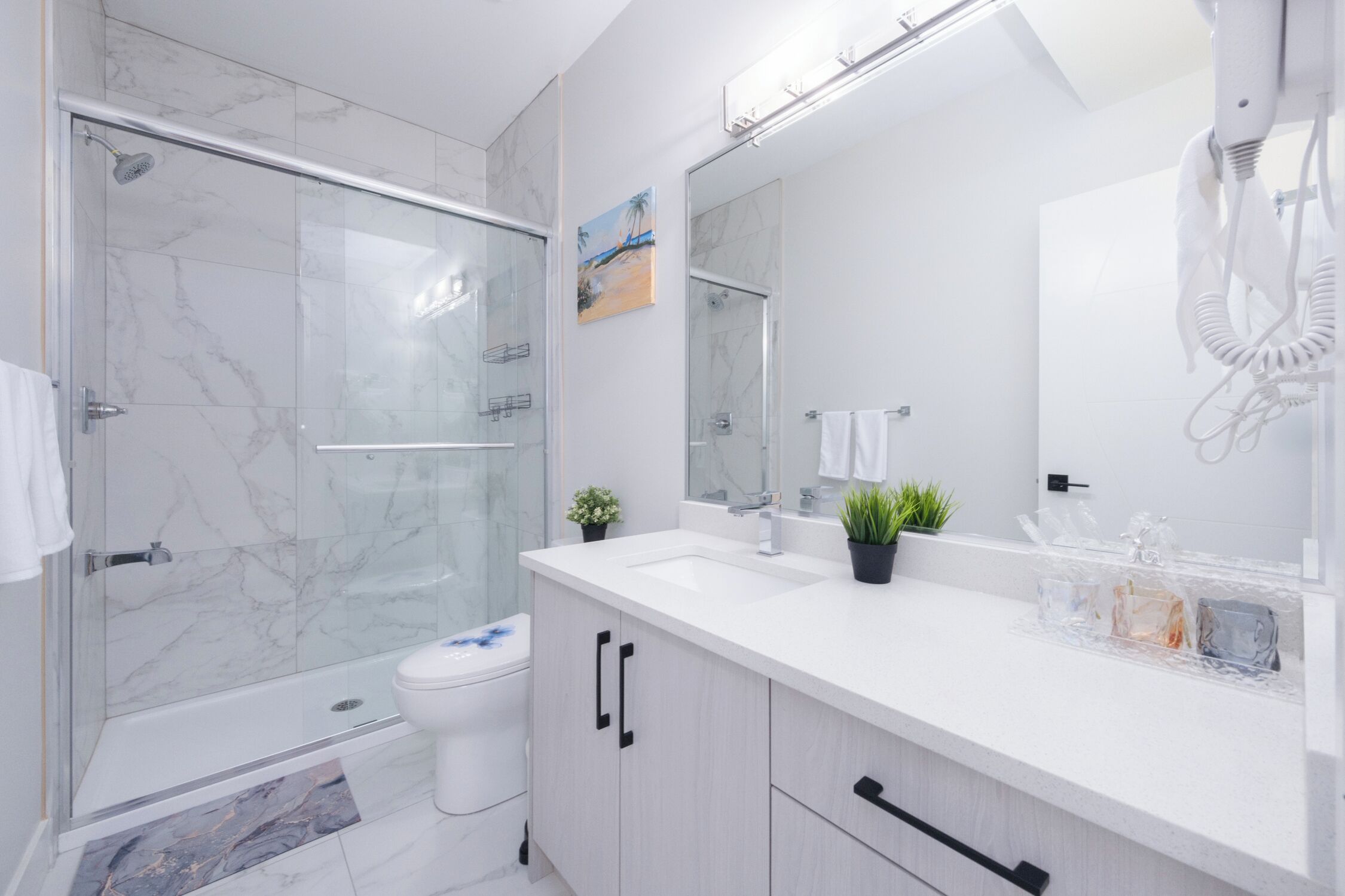 Shower, hair dryer, towels, soap