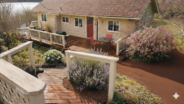 A cabin with a deck, surrounded by a garden and a lake view.