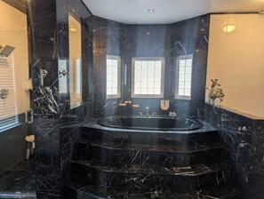 Hair dryer, bidet, towels, soap