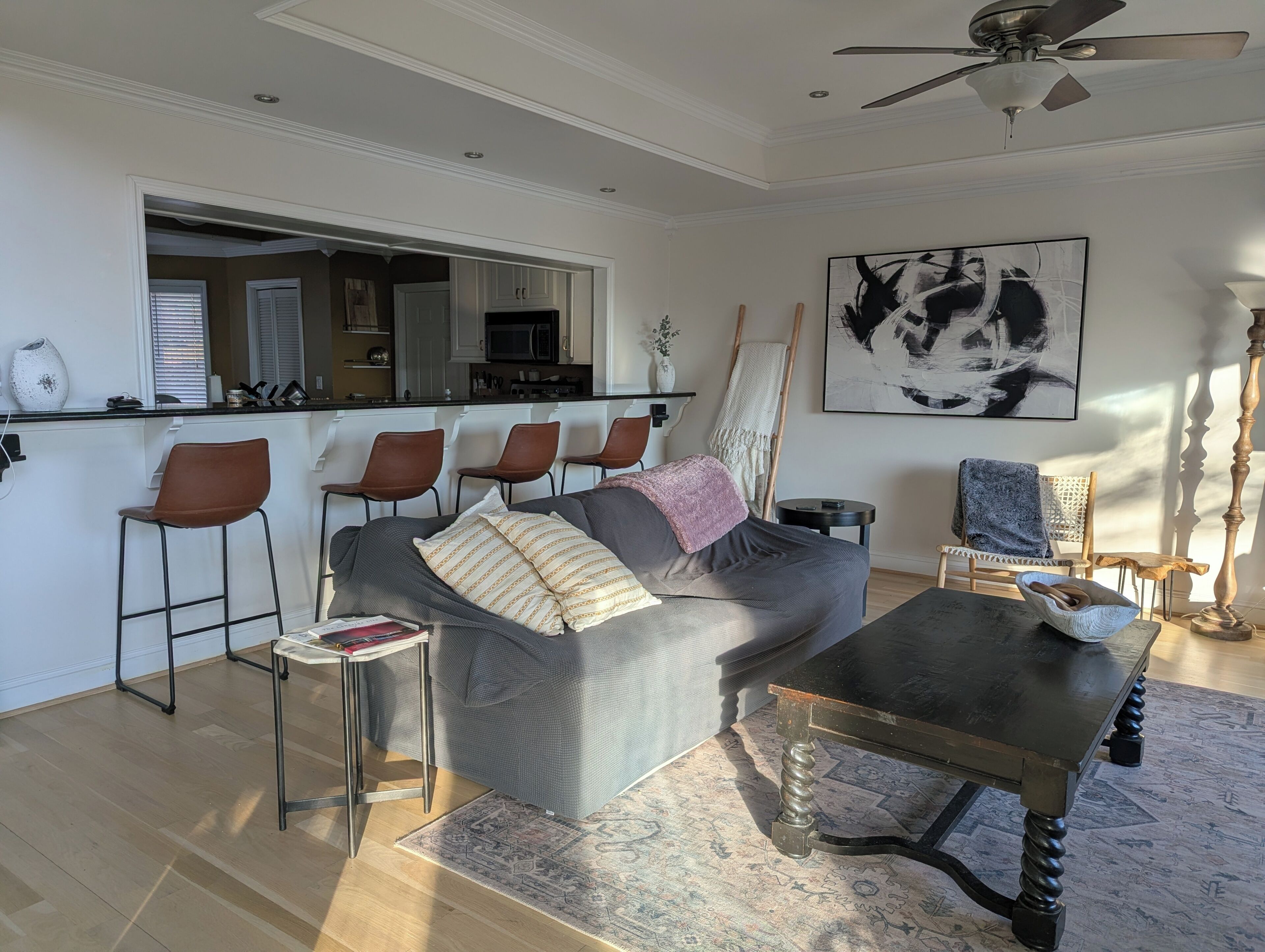 Smart TV, fireplace, books, printers