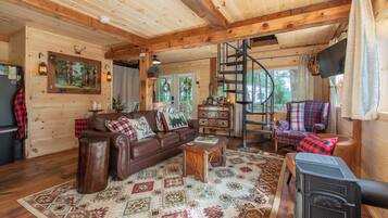 TV connectée, cheminée, livres