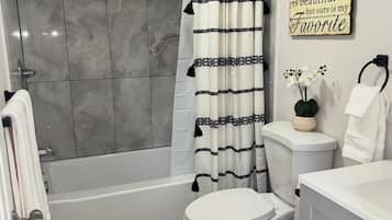 Hair dryer, towels, soap, shampoo
