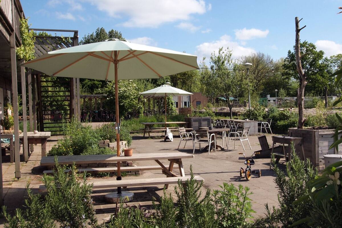 An outdoor patio area with picnic tables, umbrellas, and a barbecue grill.