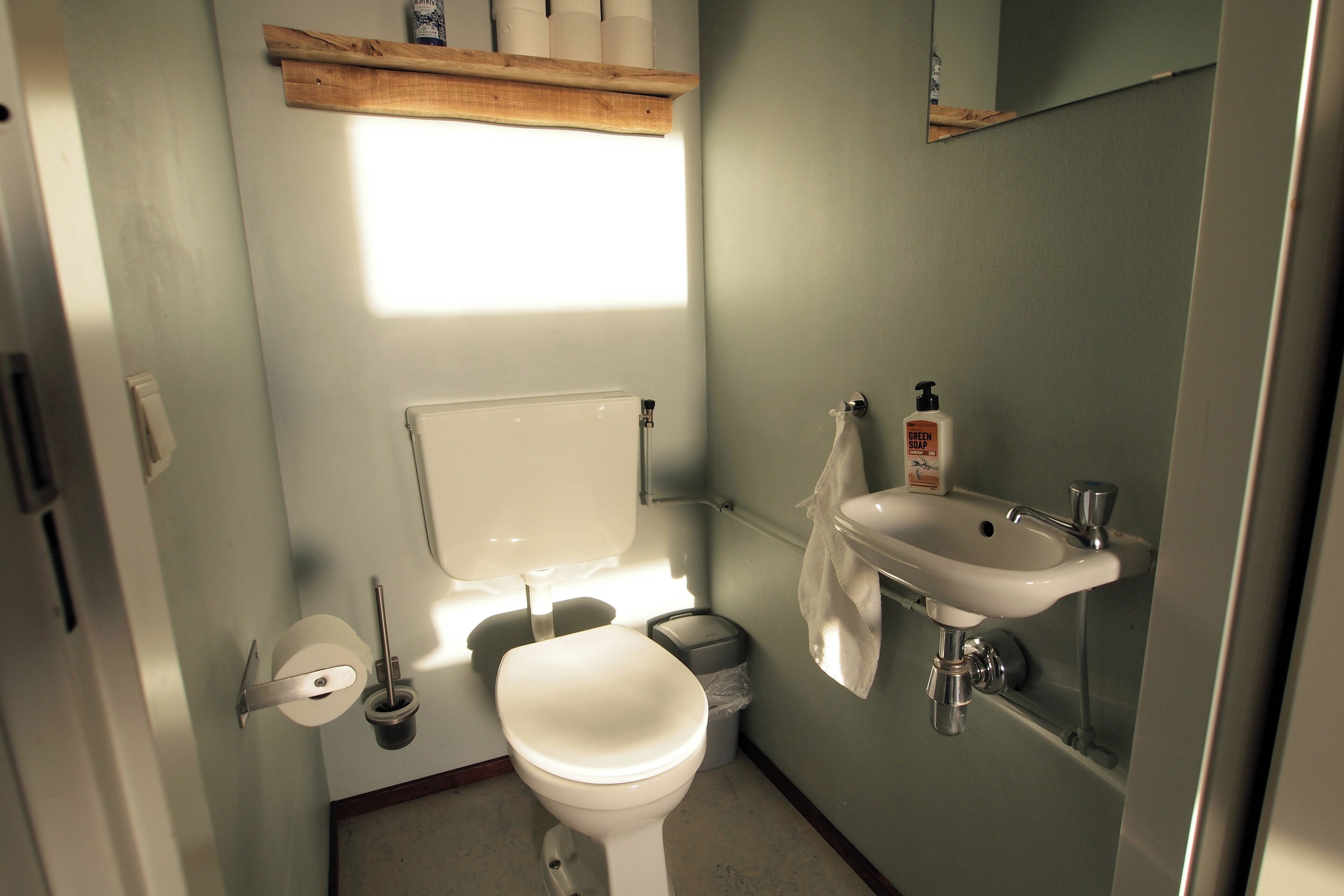 A bathroom with a toilet, sink, and mirror.